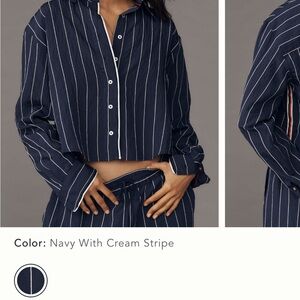 Maeve Navy Button Down Shirt with Cream Stripes